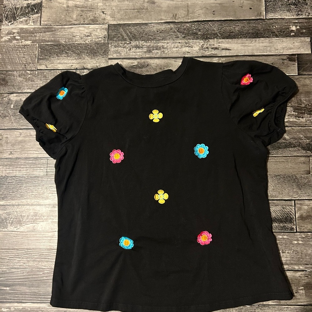 Donating soon…. Black T-Shirt with Colorful Floral Embroidery